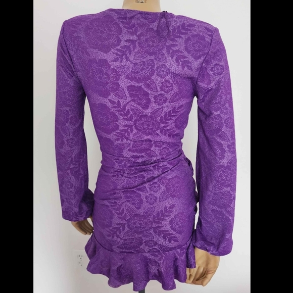 Zara Size S Small Brocade Purple Ruffle Edge Mini Dress Long Sleeves Beautiful - Picture 3 of 6